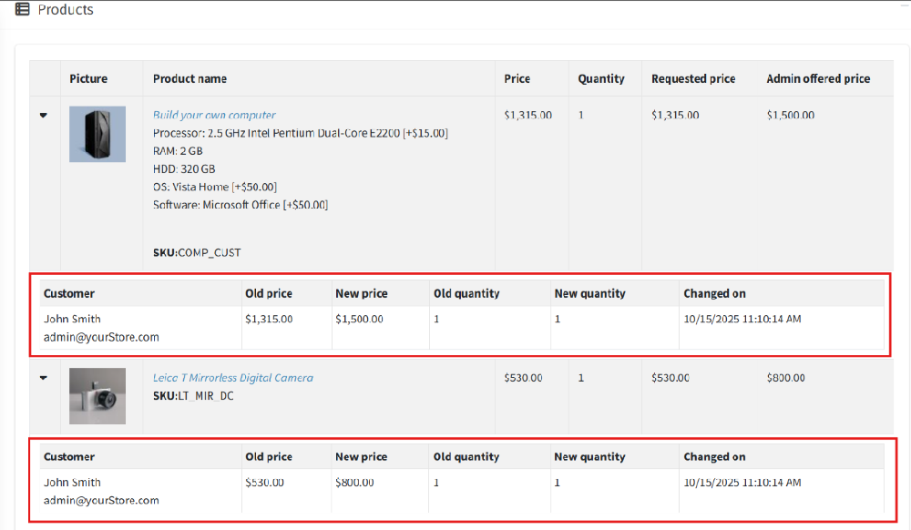 request for quote product quote history details